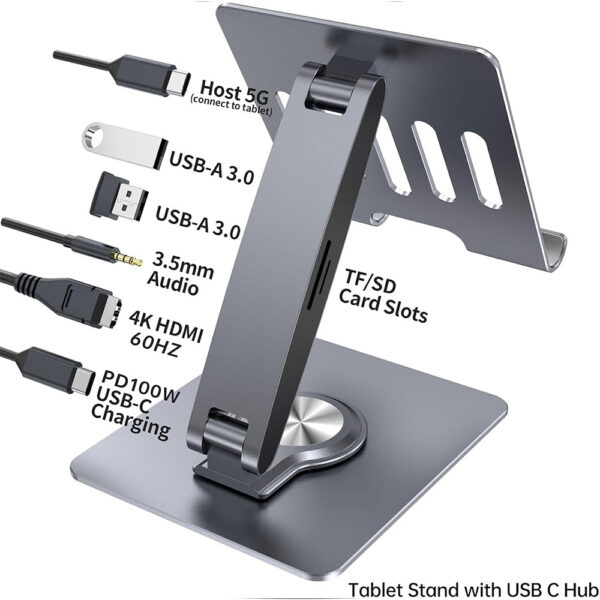 Adjustable Tablet Stand with 7-in-1 USB-C Hub and 4K HDMI Output